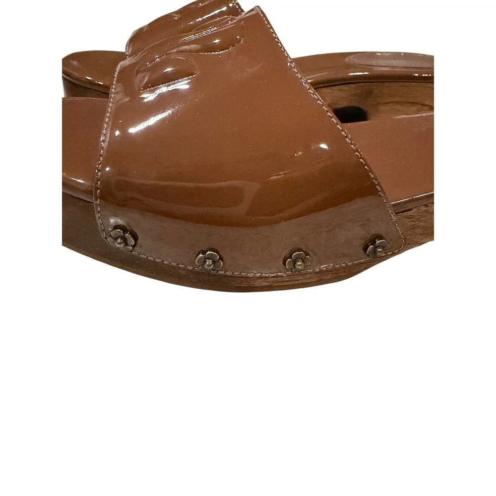 Larroude 8 Miso Platform Slides Caramel Patent Leather Brown Slide Sandal